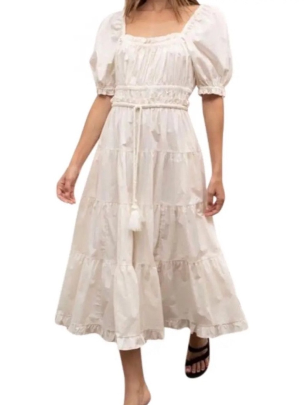 Anthropologie Moon River Cream Puff-Sleeve Tiered Midi Dress Size Medium